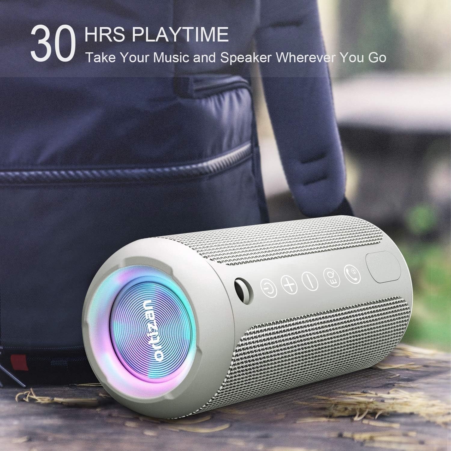 Wireless Portable Speaker,Ipx7 Waterproof Bluetooth Speaker, 24W Loud Stereo Sound, Bassboom Technology, TWS Pairing, Built-In Mic, 30H Playtime with Lights for Home Outdoor - Gray