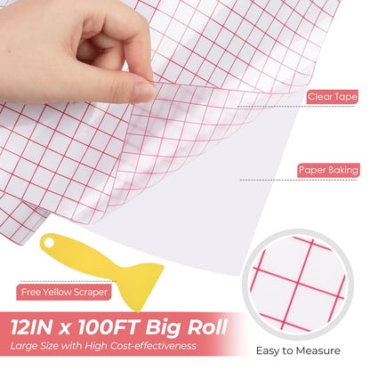 Transfer Tape for Vinyl - 12" X 100 FT W/Red Alignment Grid Transfer Paper, Medium Tack Vinyl Transfer Tape with Easy to Release for Crafts Signs Stickers Decals Walls Doors & Windows