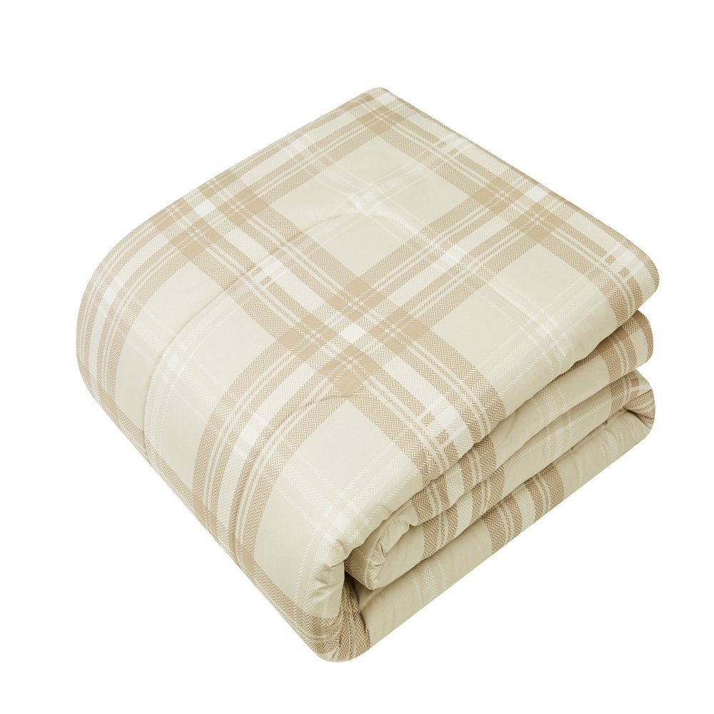 7-Piece Reversible Beige Plaid Bed in a Bag Comforter Set with Sheets, King