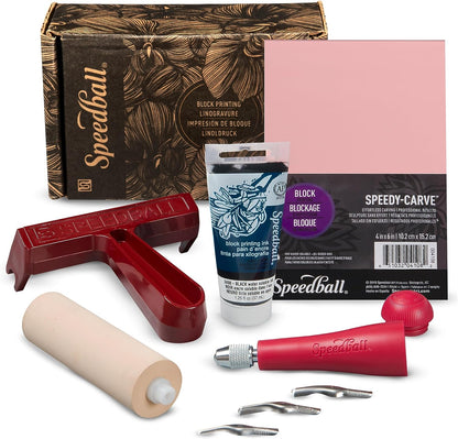Speedball 3471 Super Value Block Printing Starter Kit – Includes Ink, Brayer, Lino Handle and Cutters, Speedy-Carve