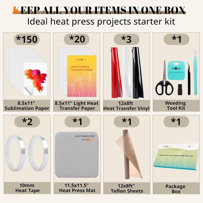 HTVRONT Heat Press Accessories for 10" X 10" Heat Press Machine, Include 3 HTV Vinyl & 150 Sublimation Paper, 20 Heat Transfer Paper, Heat Press Mat, Teflon Sheet, Heat Resistant Tape, Weeding Tools