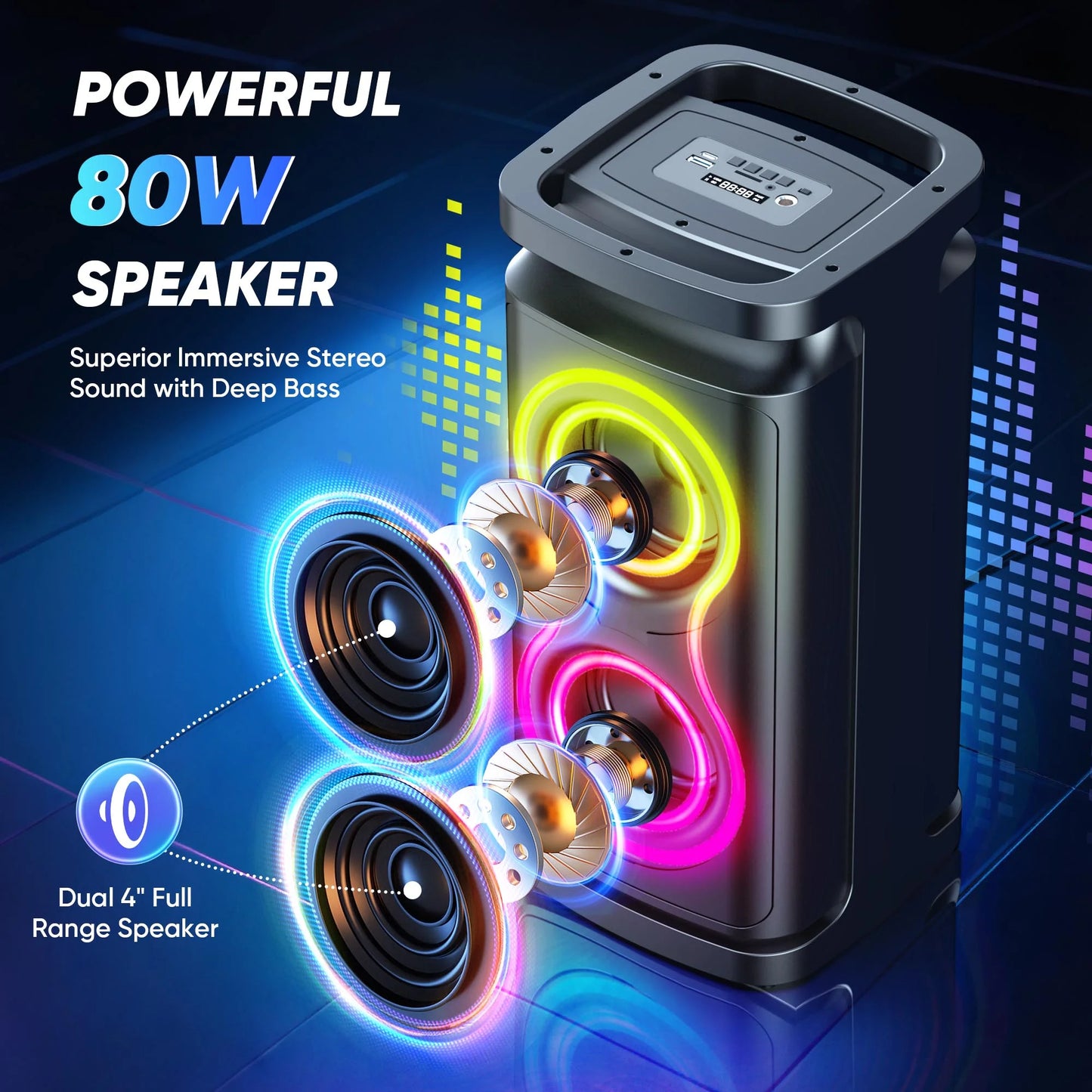 Portable Party Speaker with Loud Sound and Microphone Jack, IPX7 Wireless Outdoor Bluetooth Speaker Support USB TF AUX, for DJ, Karaoke Night, Indoor and Outdoor Party