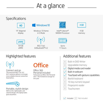 14" PC Laptop, Intel Celeron N4000, 4GB RAM, 64GB HD, Windows 10S with 1 Year Office 365, Blue, 14-Cb171Wm