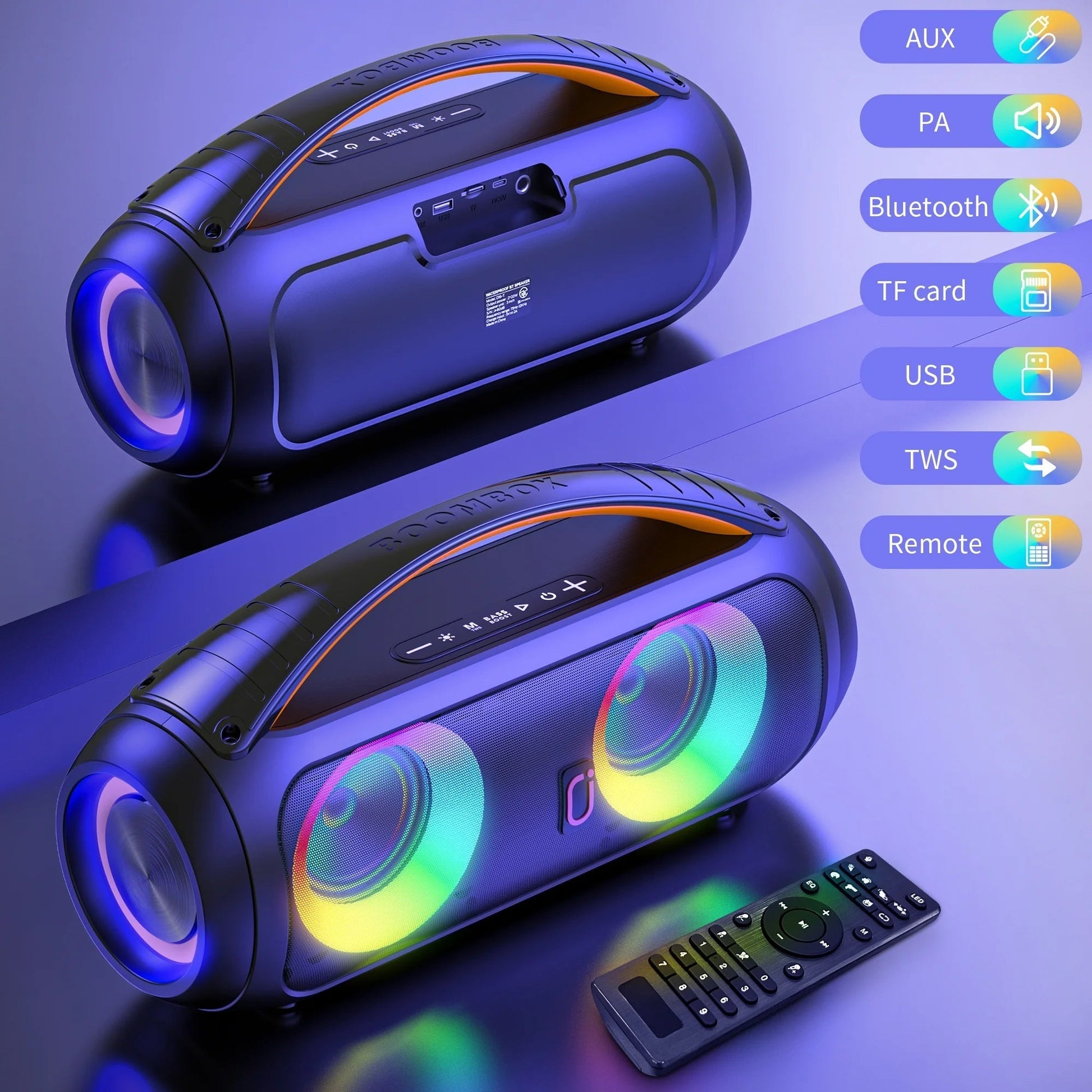 Waterproof Bluetooth Speaker, 40W Stereo Deep Bass, Portable Boombox Party Speaker, Remote Control, D16