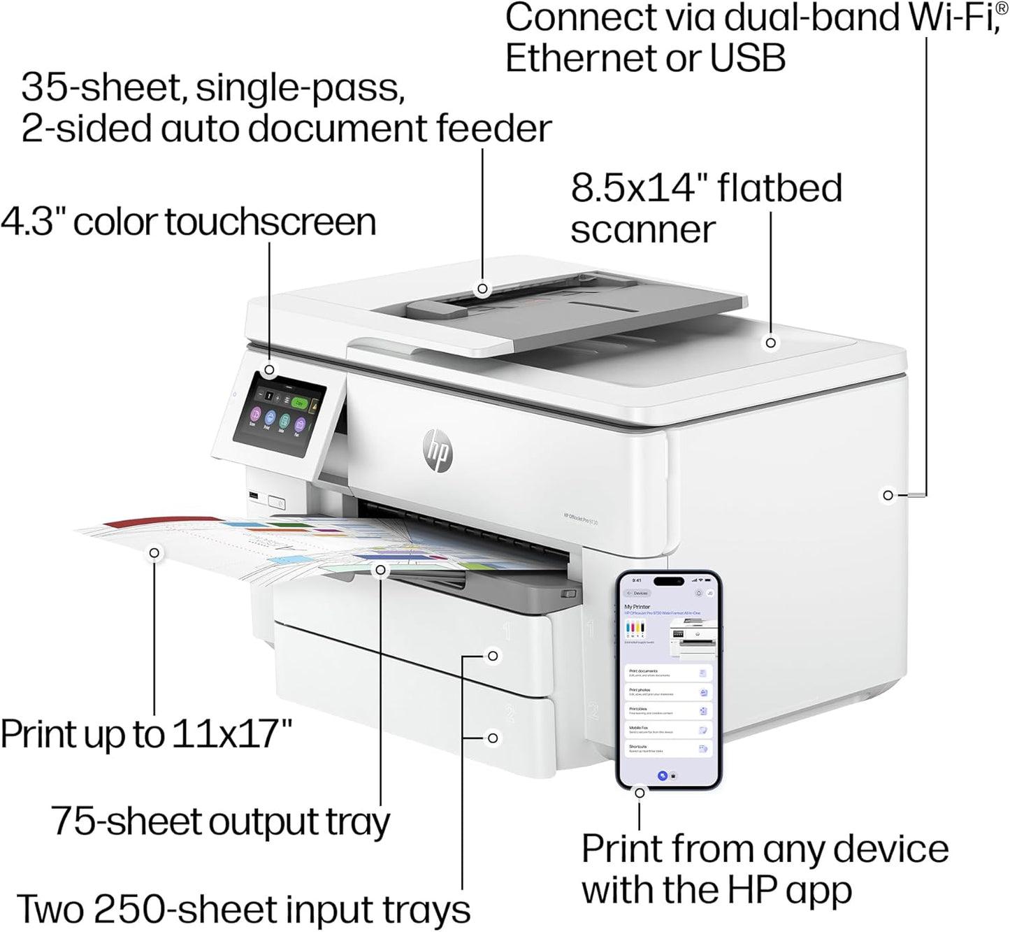 HP Officejet Pro 9730 Wide-Format Wireless All-In-One Color Inkjet Printer, Print, Scan, Copy, Fax, up to 11X17 ADF, Duplex Print/Scan, Best-For-Office, 3 Month Trial of Instant Ink Included(C2Wh0A)