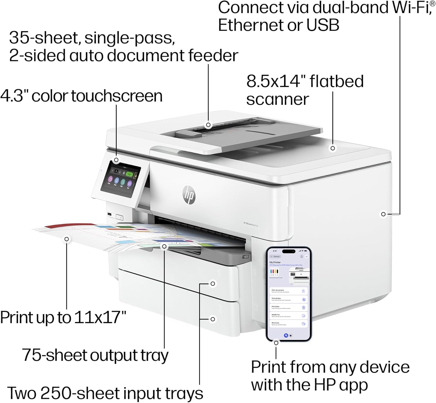 HP Officejet Pro 9730 Wide-Format Wireless All-In-One Color Inkjet Printer, Print, Scan, Copy, Fax, up to 11X17 ADF, Duplex Print/Scan, Best-For-Office, 3 Month Trial of Instant Ink Included(C2Wh0A)