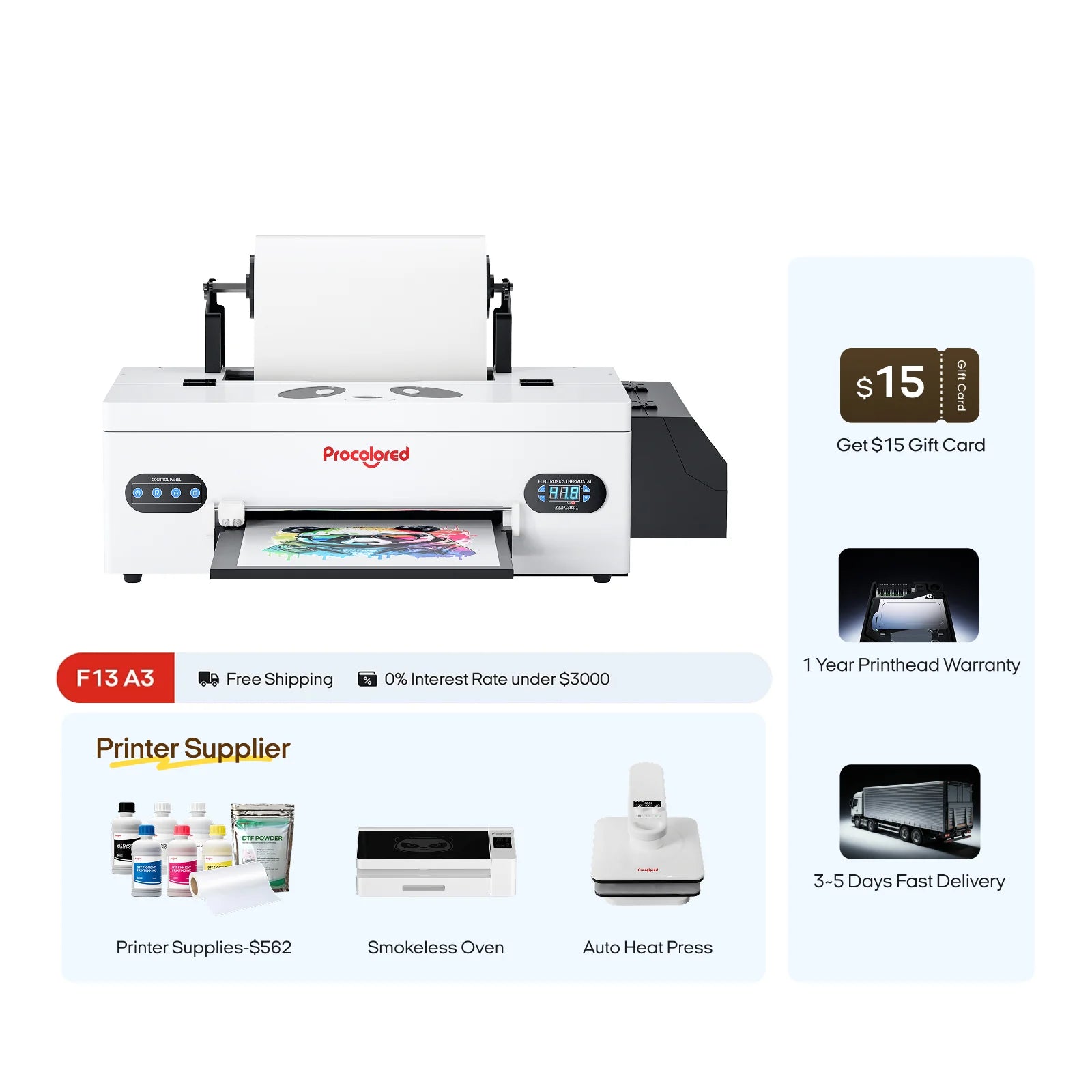 Procolored F13 Panda DTF Printer 13" A3 L1800 & Complete Bundle Premium