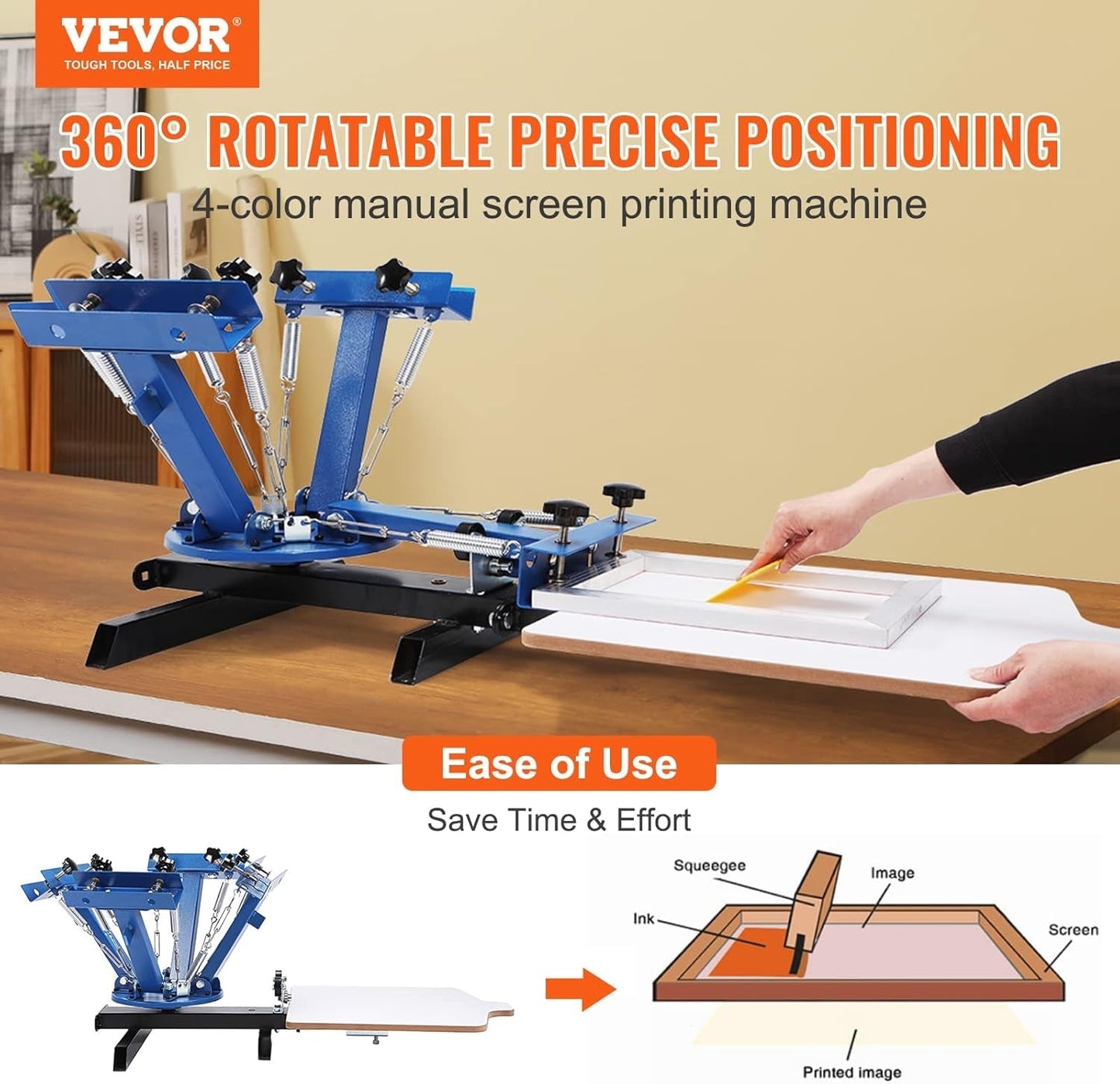 Screen Printing Machine, 4 Color 1 Station 360° Rotable Silk Screen Printing Press, 21.2X17.7In / 54X45Cm Screen Printing Press, Double-Layer Positioning Pallet for T-Shirt DIY Printing