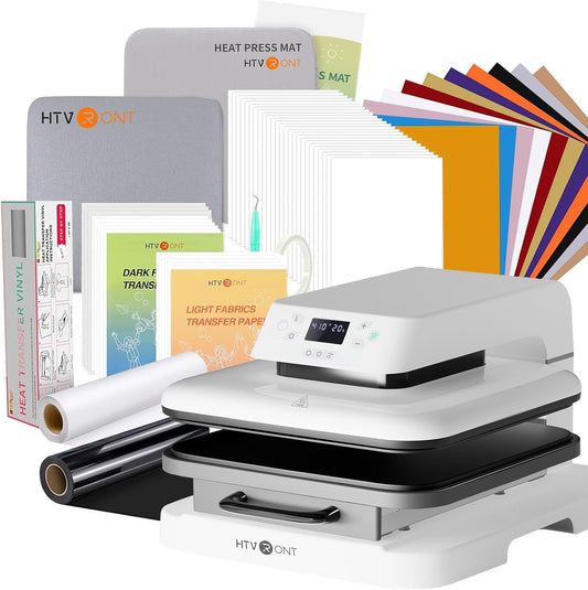 Auto Heat Press Machine for T Shirts - 15X15，52 Pcs Heat Press Accessories & 15"X15" Heat Press Mat for Cricut，12" X 20Ft Black & White Heat Transfer Vinyl