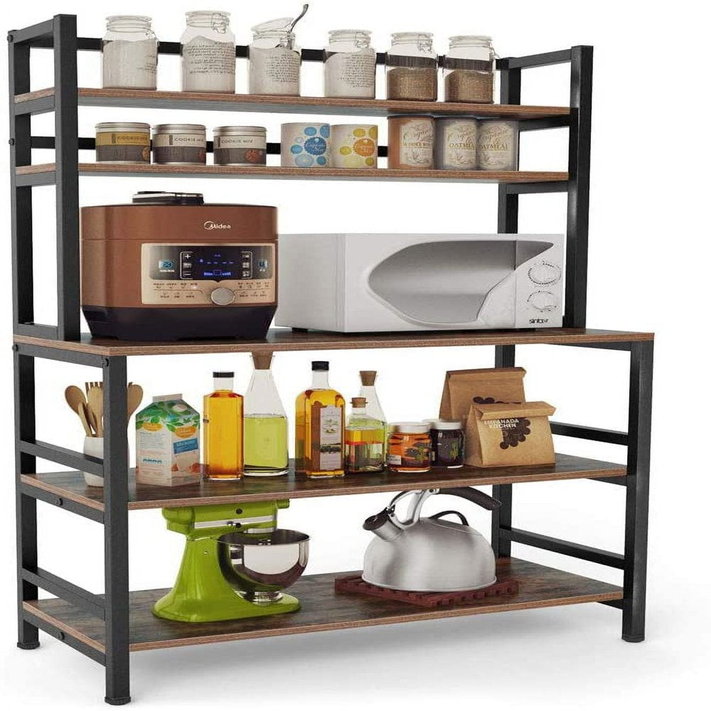 5-Tier Kitchen Bakers Rack with Hutch, Industrial Microwave Oven Stand, Free Standing Kitchen Utility Cart Storage Shelf Organizer (Rustic Brown)