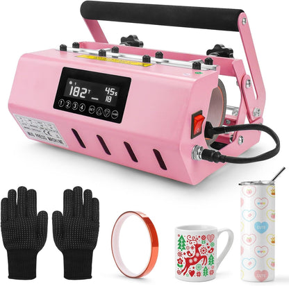 Pink Tumbler Heat Press Machine Auto Sublimation Press Heat Transfer Vinyl Mugs Press, Straight Skinny Tumblers, Jars, Cans 11-30OZ with Heat Resistant Tapes, Gloves Temperature & Timer Setting