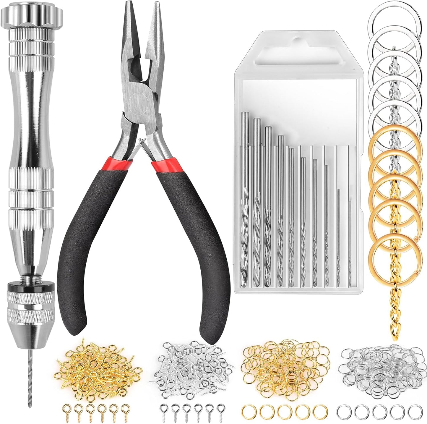 LEOBRO Hand Drill, 222 PCS Pin Vise Hand Drill with Drill Bits(0.8 Mm-3 Mm), Needle Nose Pliers, Keychain Making Kit, Jewelry Making Supplies, Hand Drill Tools for Jewelry Keychains Making