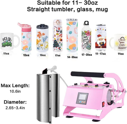 Tumbler Heat Press, Sublimation Press Machine for Straight Tumblers 30Oz 20Oz 16Oz Glasses 11Oz Ceramic Mug, Auto DIY Heating Transfer with Temp&Time Setting