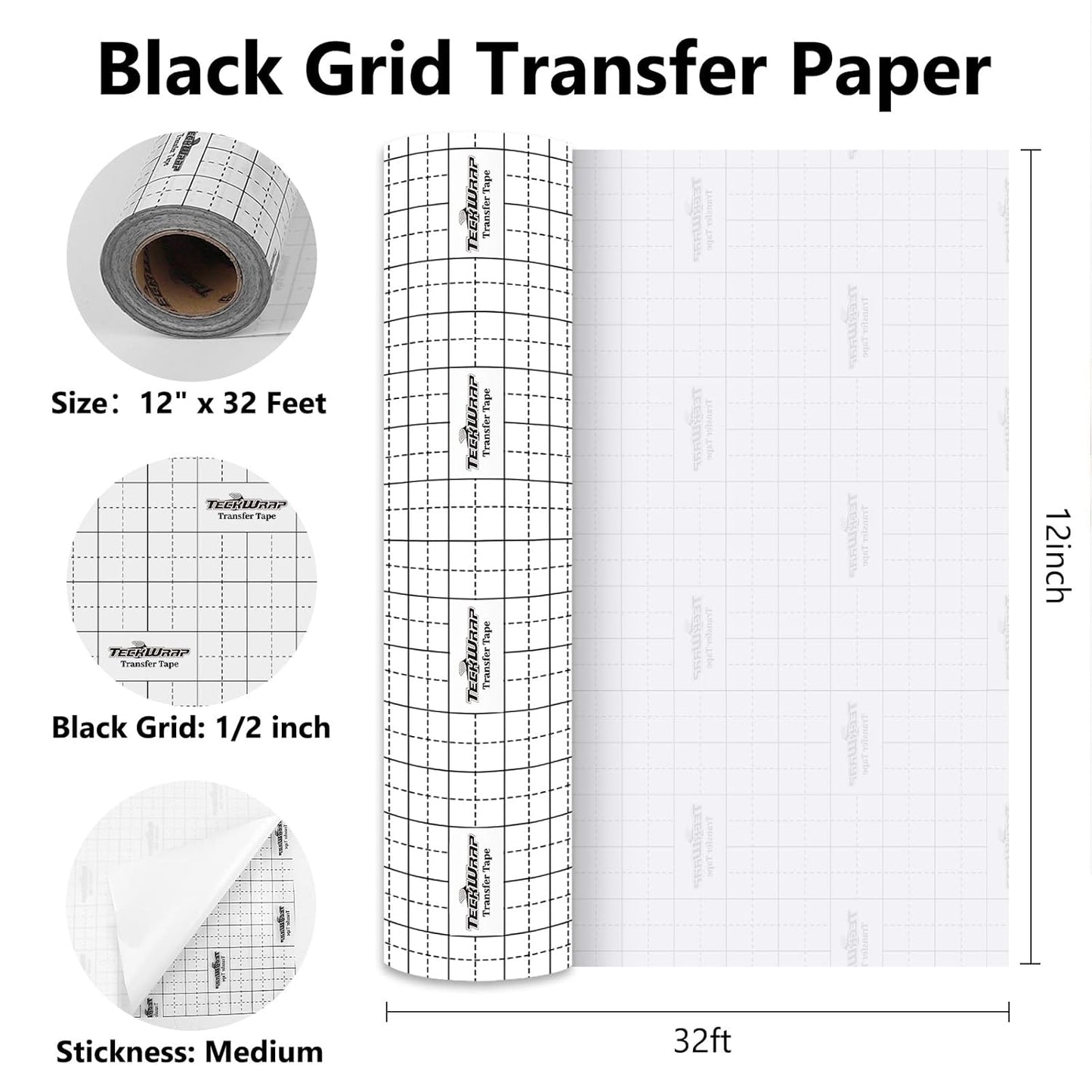 Transfer Tape for Vinyl - 12" X 32FT Vinyl Medium Tack Transfer Paper for Permanent Vinyl, Stickers, Decals, Signs, Windows, Alignment Grid & Clear