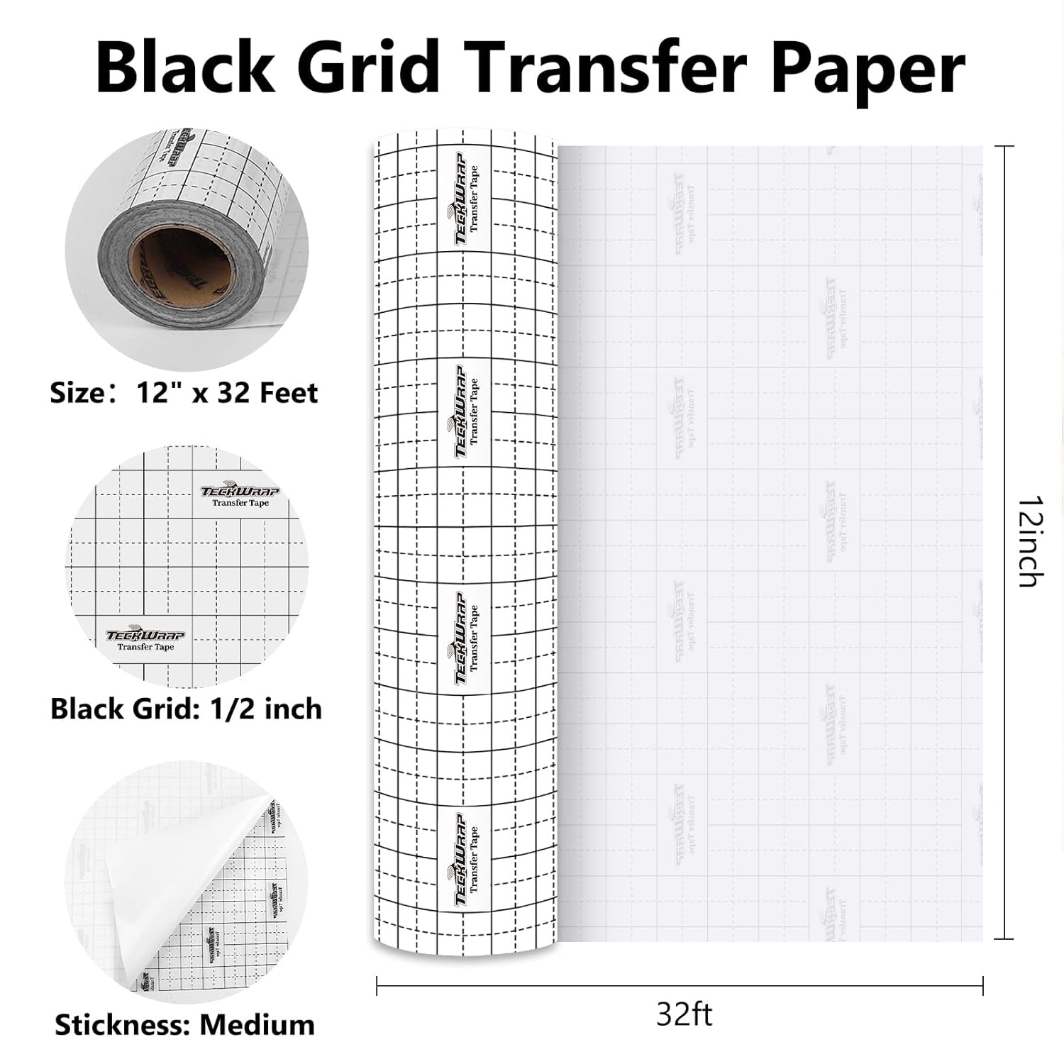Transfer Tape for Vinyl - 12" X 32FT Vinyl Medium Tack Transfer Paper for Permanent Vinyl, Stickers, Decals, Signs, Windows, Alignment Grid & Clear