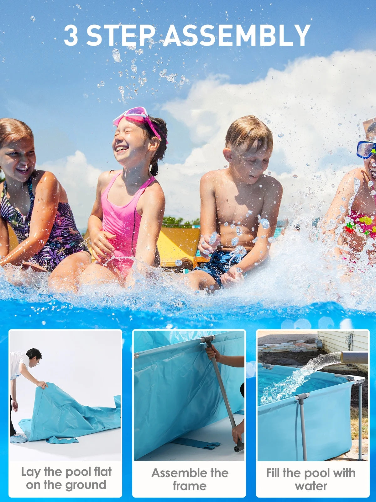 15FT Rectangular Frame Swimming Pool Metal Outdoor Backyard above Ground Pool Family Adults Splash
