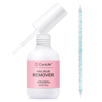 Curvlife Multi-Functional Brush-On Nail Glue Remover 20Ml for Press on and Fake Nails - Cuticle Pusher for Women