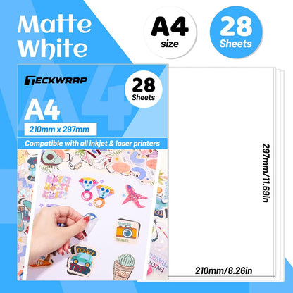 Printable Vinyl Sticker Paper for Inkjet Printer Matte White Printable Sticker Paper Waterproof 8.26" X 11.69" A4 Size 28Pcs/Pack for Photo, Scrapbooking, Craft Cutters