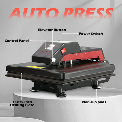 Auto Heat Press 15"X15", Smart Heat Press Machine for T-Shirts, Fast & Uniform Automatic Heat Press, Tshirt Press Machine for HTV, Sublimation, Black