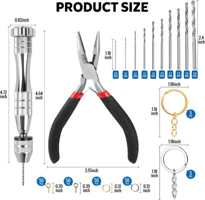 LEOBRO Hand Drill, 222 PCS Pin Vise Hand Drill with Drill Bits(0.8 Mm-3 Mm), Needle Nose Pliers, Keychain Making Kit, Jewelry Making Supplies, Hand Drill Tools for Jewelry Keychains Making