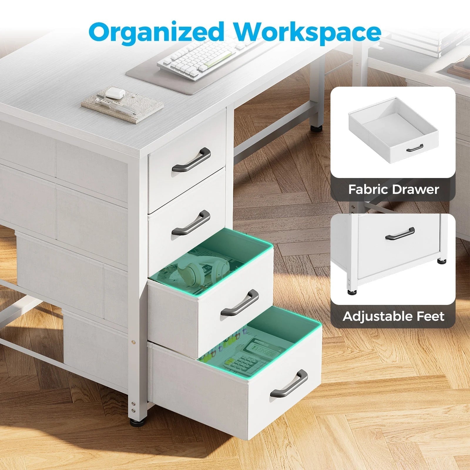 55 Inch Computer Desk with 5 Drawers and File Cabinet for Storage, Office Desk with Storage Shelf & Power Outlets, Home Office Desks, White