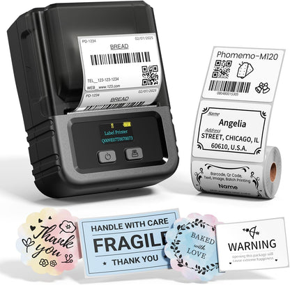 Phomemo M120 Bluetooth Label Maker - Portable Thermal Barcode Printer with App, 2" Wide Labels, Wireless Sticker Printer for Small Business,Home Office,Qr Codes,Address Labels - Ios/Android Compatible
