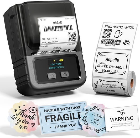 Phomemo M120 Bluetooth Label Maker - Portable Thermal Barcode Printer with App, 2" Wide Labels, Wireless Sticker Printer for Small Business,Home Office,Qr Codes,Address Labels - Ios/Android Compatible