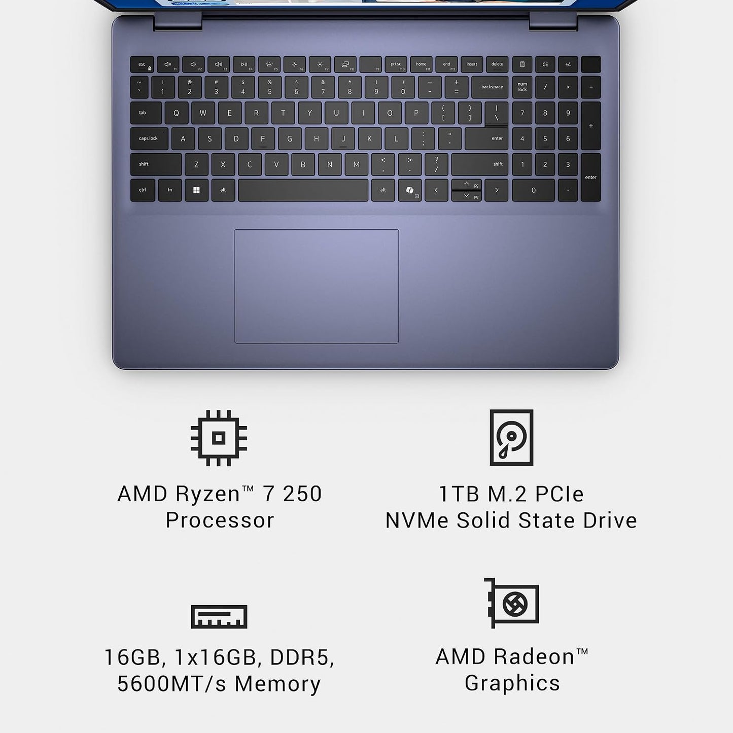 Dell 16 Laptop Dc16256-16-Inch FHD+ 300Nits Display, AMD Ryzen 7 250, AMD Radeon Graphics, 16GB Memory, 1TB SSD, Backlit Keyboard, 1 Year Dell Care plus Service and Accidental Damage-Windows 11 Home