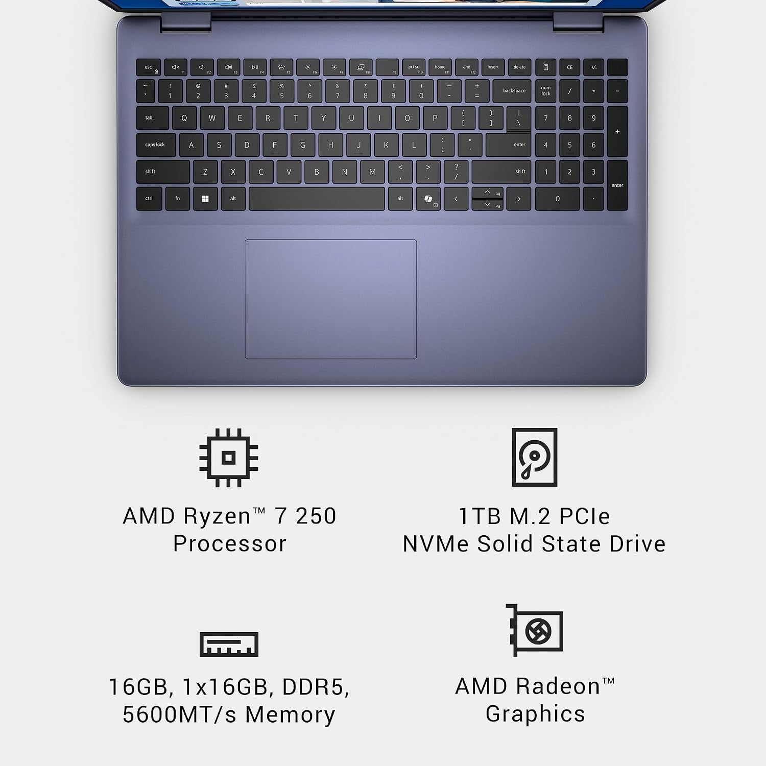 Dell 16 Laptop Dc16256-16-Inch FHD+ 300Nits Display, AMD Ryzen 7 250, AMD Radeon Graphics, 16GB Memory, 1TB SSD, Backlit Keyboard, 1 Year Dell Care plus Service and Accidental Damage-Windows 11 Home
