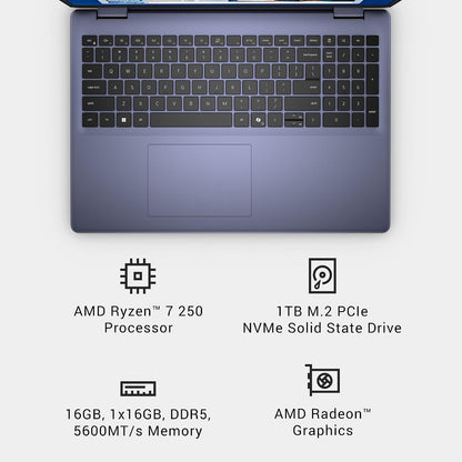 Dell 16 Laptop Dc16256-16-Inch FHD+ 300Nits Display, AMD Ryzen 7 250, AMD Radeon Graphics, 16GB Memory, 1TB SSD, Backlit Keyboard, 1 Year Dell Care plus Service and Accidental Damage-Windows 11 Home