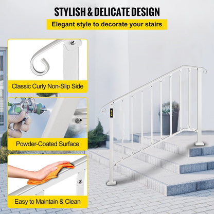 brand Handrail Picket #3 Fits 3 or 4 Steps Stair Rail Height Adjustable Wrought Iron Handrail with Installation Kit Hand Rails for Outdoor/Indoor Steps， Matte White