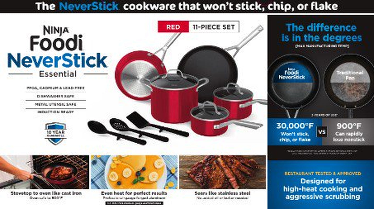 Foodi Neverstick Essential 11-Piece Cookware Set, Red