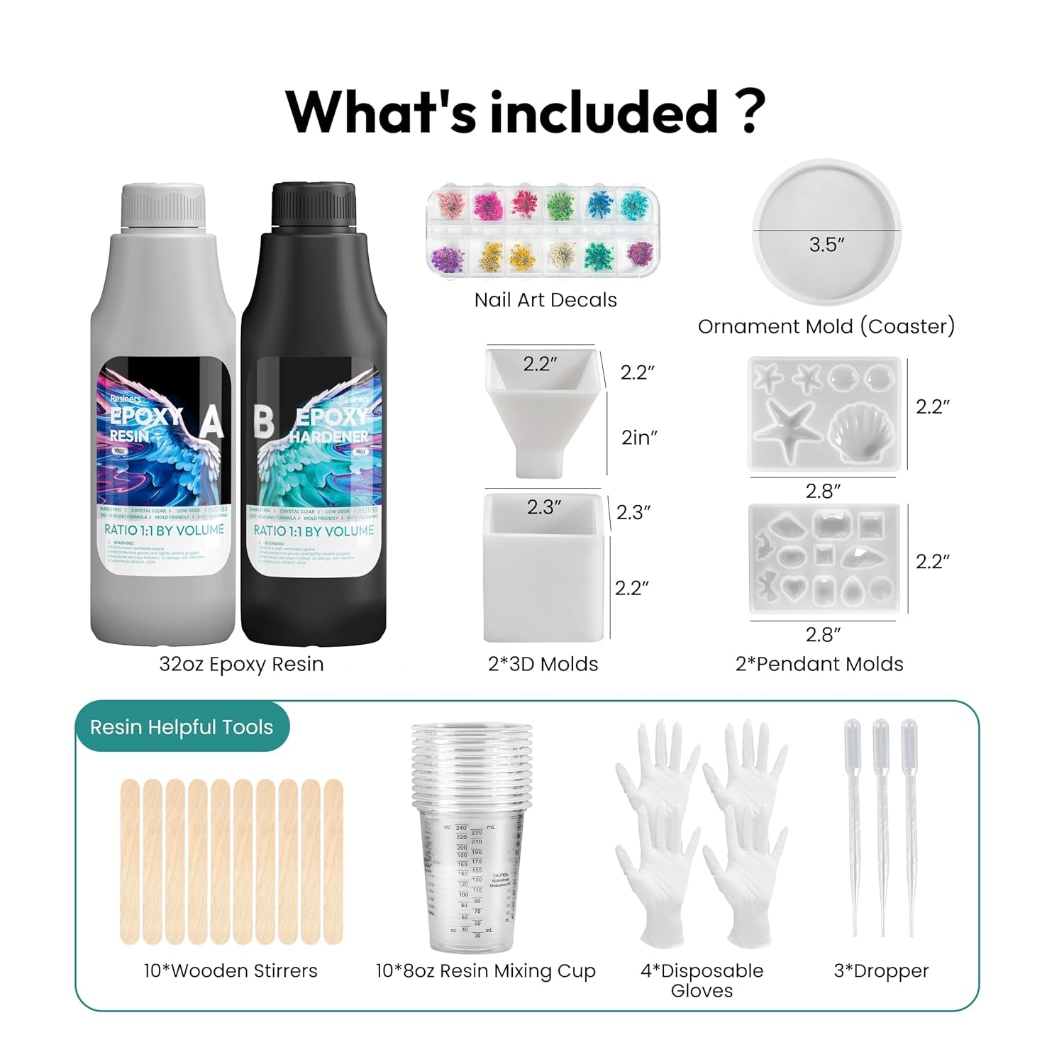 Resiners Epoxy Resin Starter Kit, 32Oz Crystal Clear Epoxy Resin Including Molds Nail Art Decals & Accessories, High Gloss Non Yellowing No Bubble for Casting Jewelry Making Wood Coating DIY Crafts