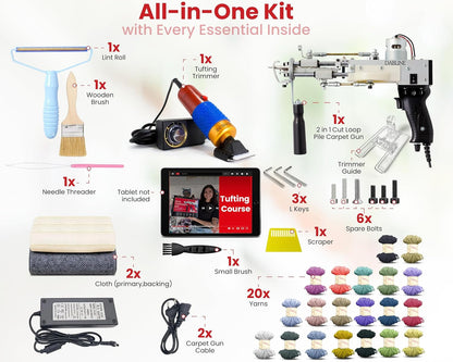 Dabline Rug Tufting Gun Kit – Complete Tufting Supplies Including 2 in 1 Cut & Loop Pile Rug Tufting Gun, Carpet Trimmer, Tufting Cloth, Backing Cloth, 20 Color Yarns, Tools & Accessories