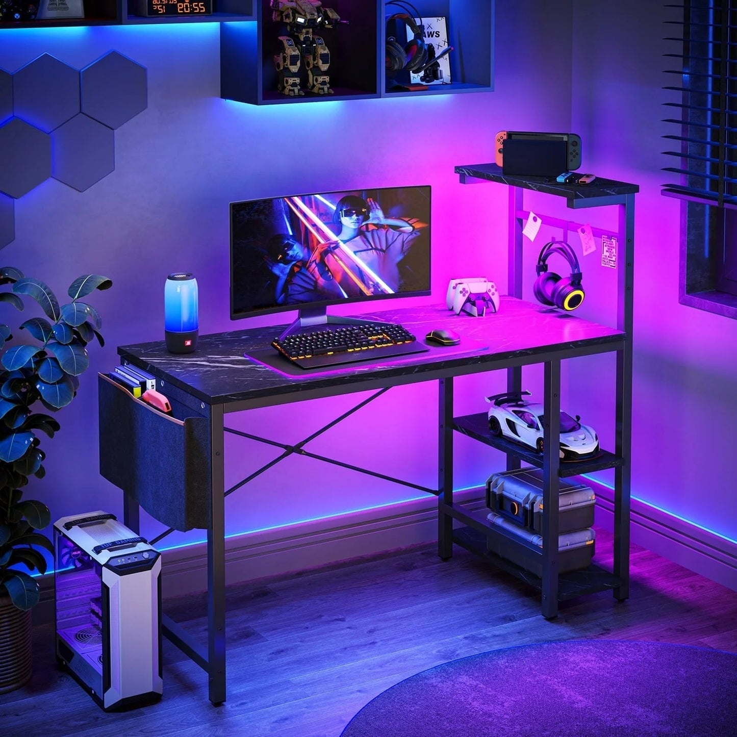 Reversible 44 Inch Computer Desk with LED Lights Gaming Desk with 4 Tier Shelves Black Marble