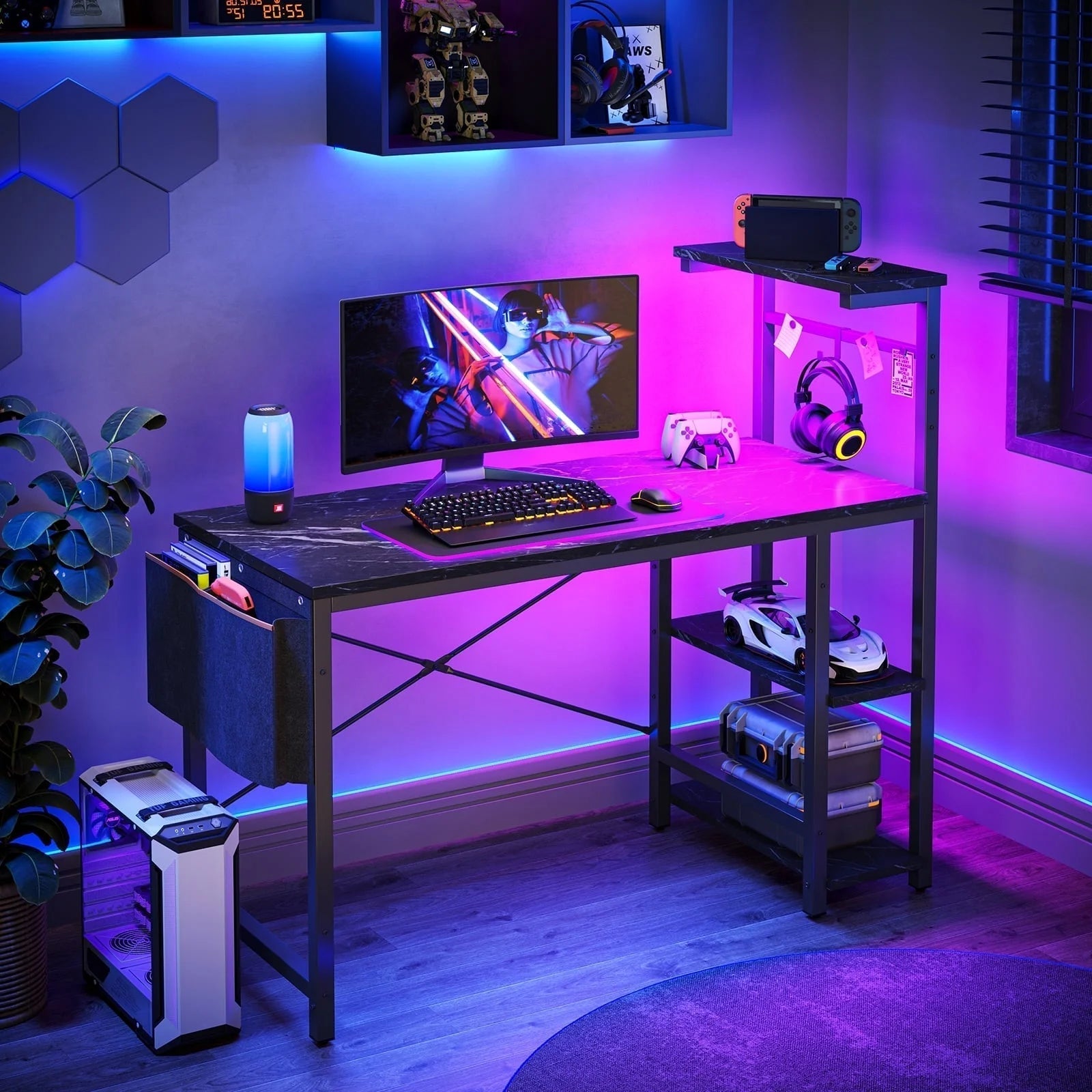 Reversible 44 Inch Computer Desk with LED Lights Gaming Desk with 4 Tier Shelves Black Marble