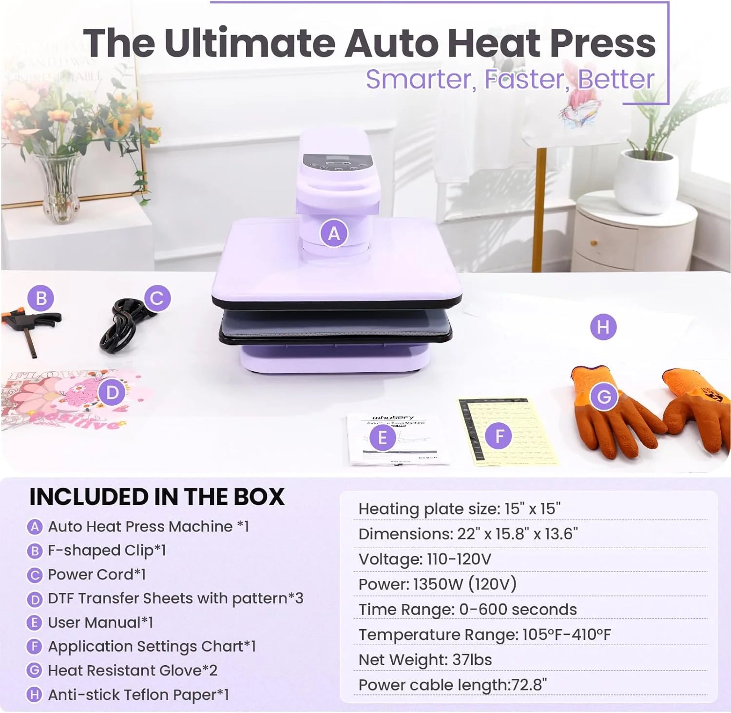 Adnoom Auto Heat Press Machine with Swivel Design,Auto Release & Off,15X15 Sublimation Shirt Press with Higher Heating Height for T-Shirt,Heat Transfer Projects,Purple