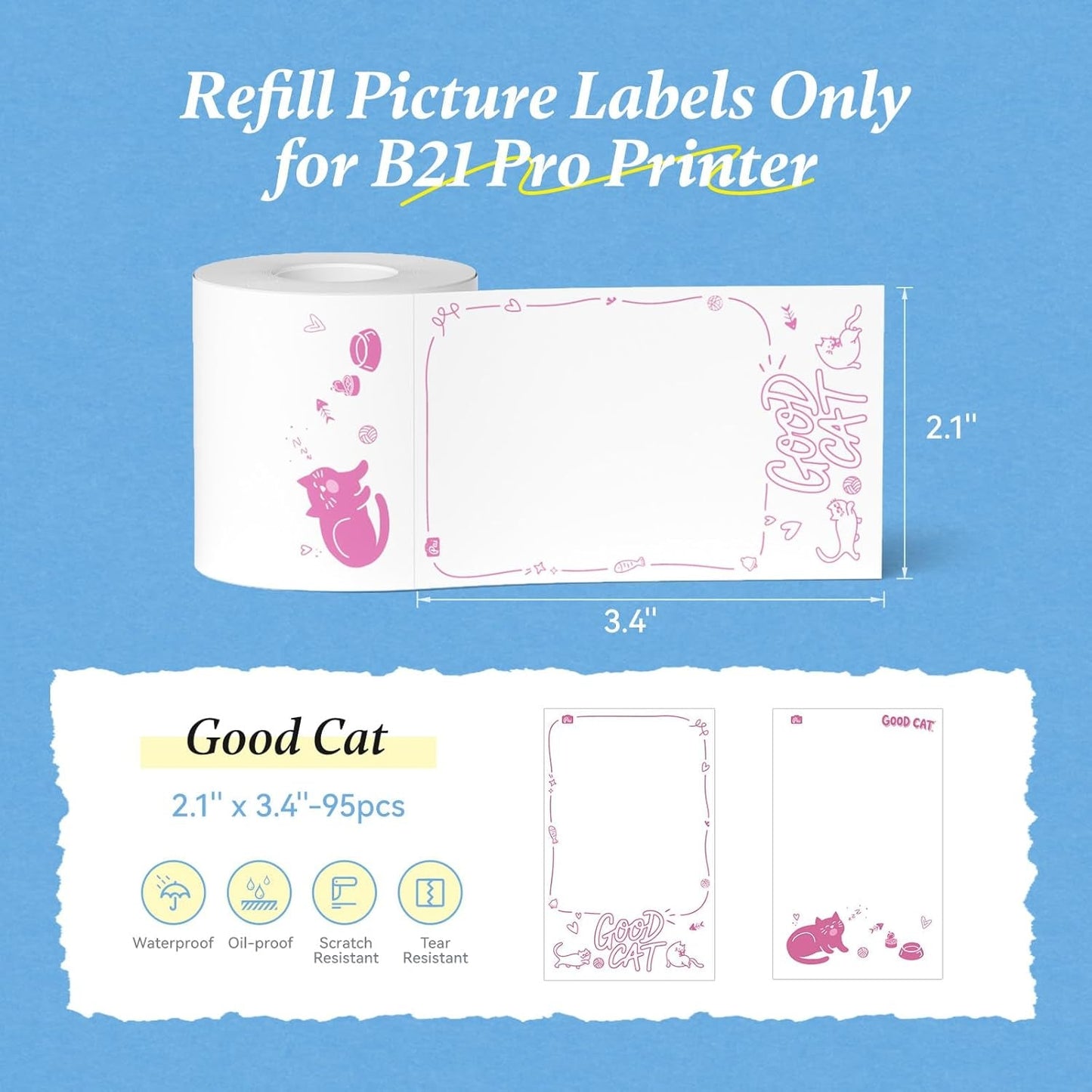 NIIMBOT Photo Papers Only Compatible with Pro Series Label Makers, Cute Cat Stickers for Kids, Beauty Memories (2.1''X3.4''-54X86Mm)