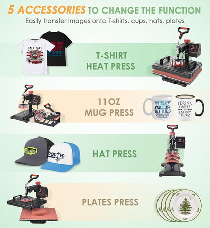 5 in 1 Heat Press Machine 12X15 Inch T-Shirt Pressing Machine 360° Swing Away Sublimation Heat Press Digital Heat Transfer with 11OZ Tumbler Press, Multifunction Combo for Hat Cap Mug Plate