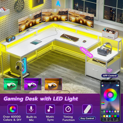 L Shaped Desk with LED Lights, Corner Computer Desk with File Drawer and Power Outlet, Gaming Desk for Home Office, White