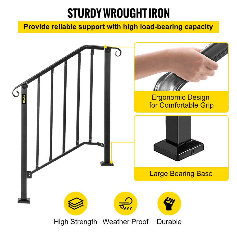 brand Handrail for Stairs Fits 2 or 3 Steps Outdoor Wrought Iron Handrail Height Adjustable Stair Railing, Matte Black