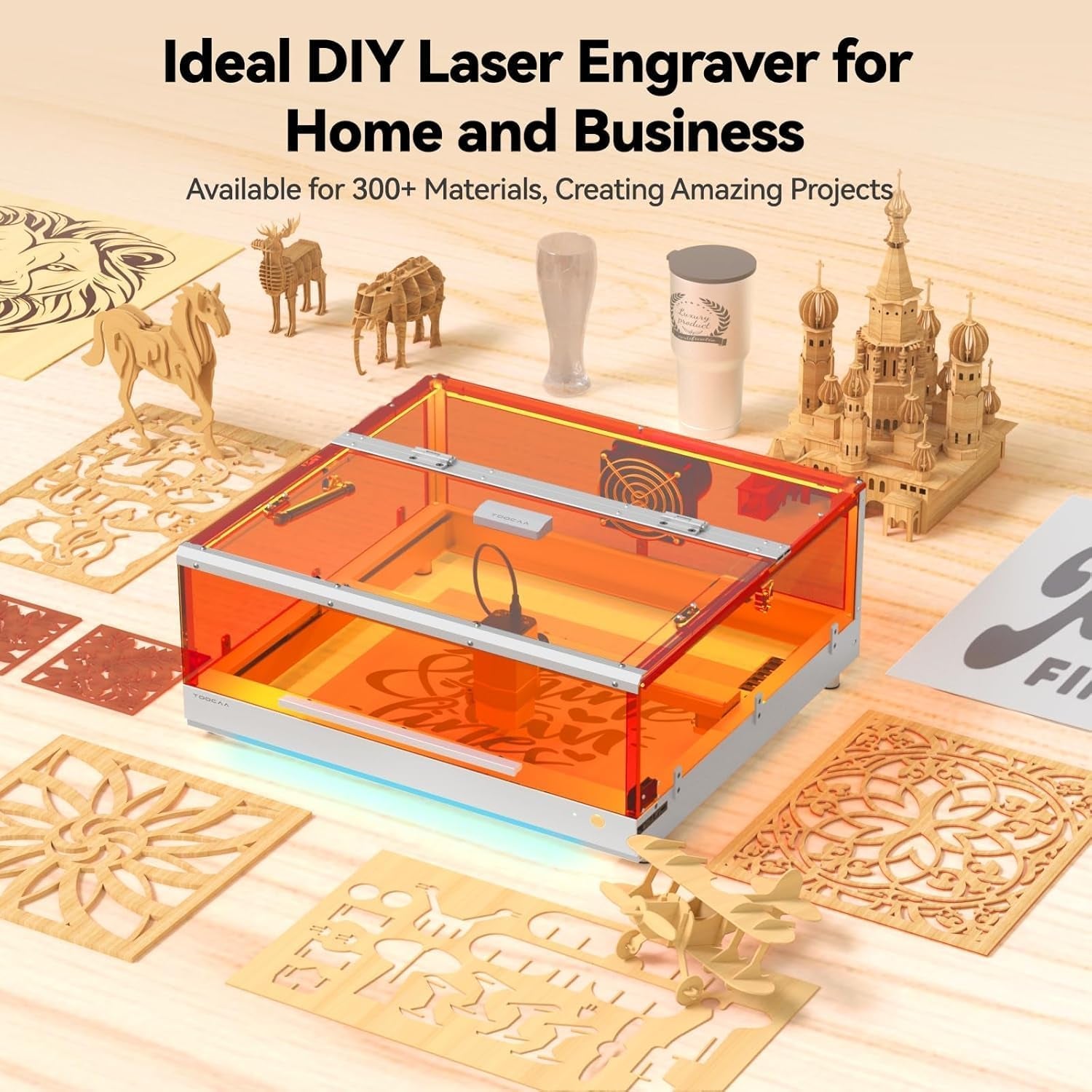 TOOCAA 40W Laser Engraver and Cutter Machine with 5 in 1 Rotary Roller Set,Smart Camera,Air Assist,Honeycomb Panel, 22" X 22" Bed Size Enclosed Laser Engraver Cutting Machine for Tumblers Wood Metal