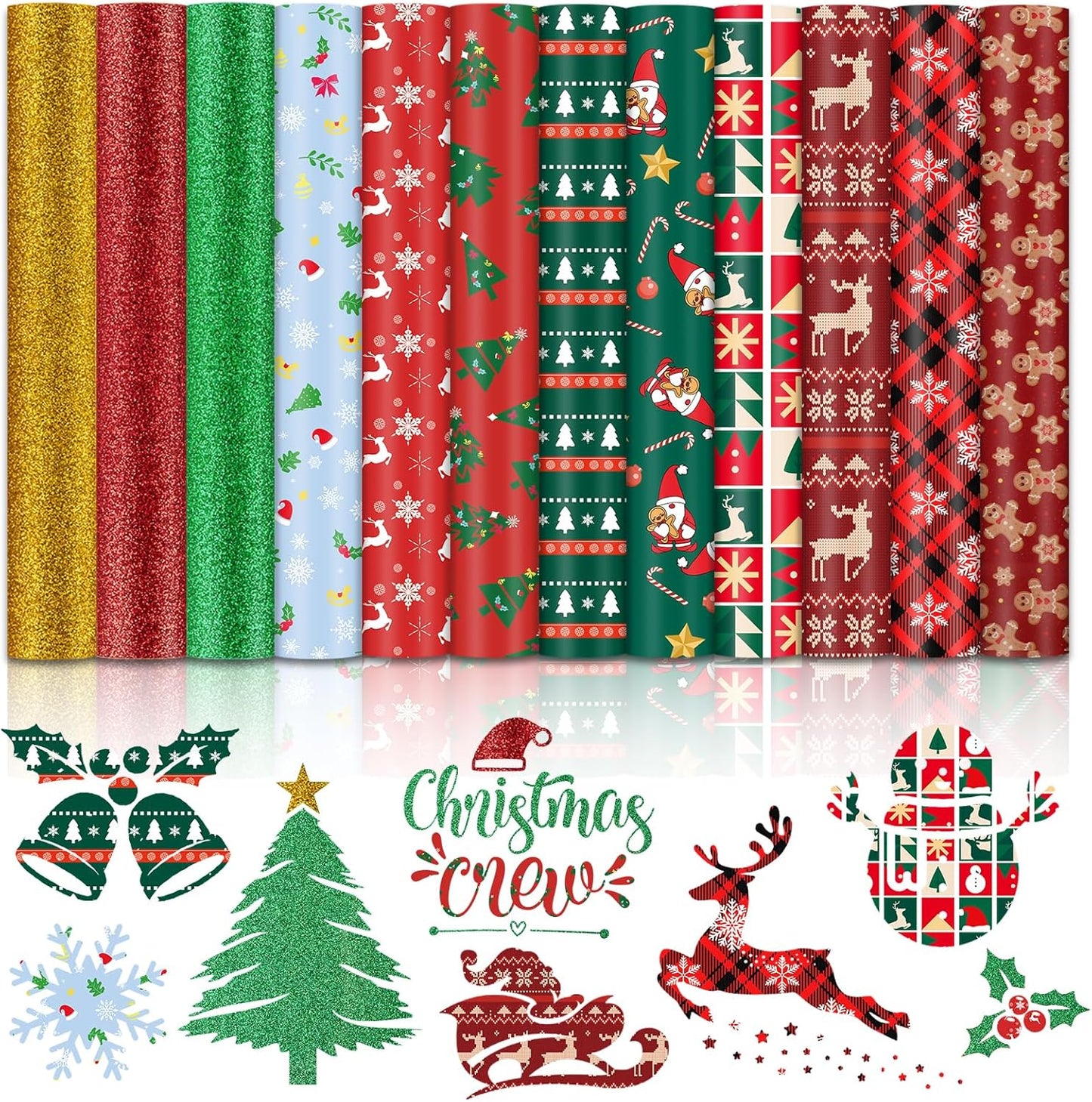 Christmas HTV Heat Transfer Vinyl - 13Pack Patterned Iron-On Vinyl Sheets, Buffalo Plaid & Glitter HTV Vinyl for T-Shirts, Compatible with Cricut & Silhouette for Christmas Gift