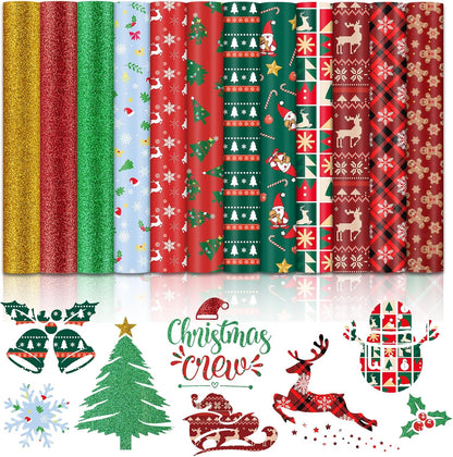 Christmas HTV Heat Transfer Vinyl - 13Pack Patterned Iron-On Vinyl Sheets, Buffalo Plaid & Glitter HTV Vinyl for T-Shirts, Compatible with Cricut & Silhouette for Christmas Gift
