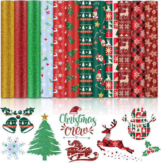 Christmas HTV Heat Transfer Vinyl - 13Pack Patterned Iron-On Vinyl Sheets, Buffalo Plaid & Glitter HTV Vinyl for T-Shirts, Compatible with Cricut & Silhouette for Christmas Gift