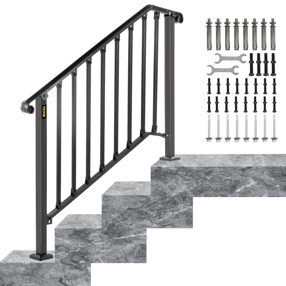 brand Handrail for Stairs Fits 3 or 4 Steps Outdoor Handrail Rail Height Adjustable Wrought Iron Handrail, Matte Black