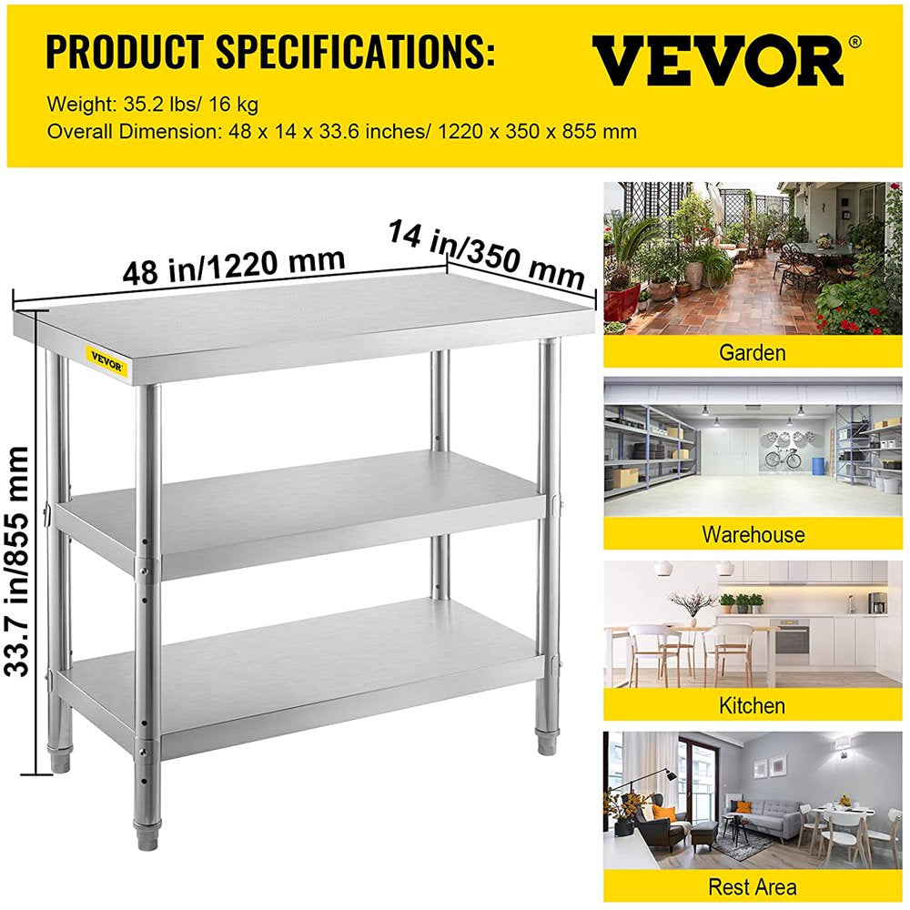 brand Outdoor Food Prep Table, 48 X 14 X 33 Inches Commercial Stainless Steel Table, 2 Adjustable Undershelf, Kitchen Work Table, for Garage, Home and Kitchen Silver