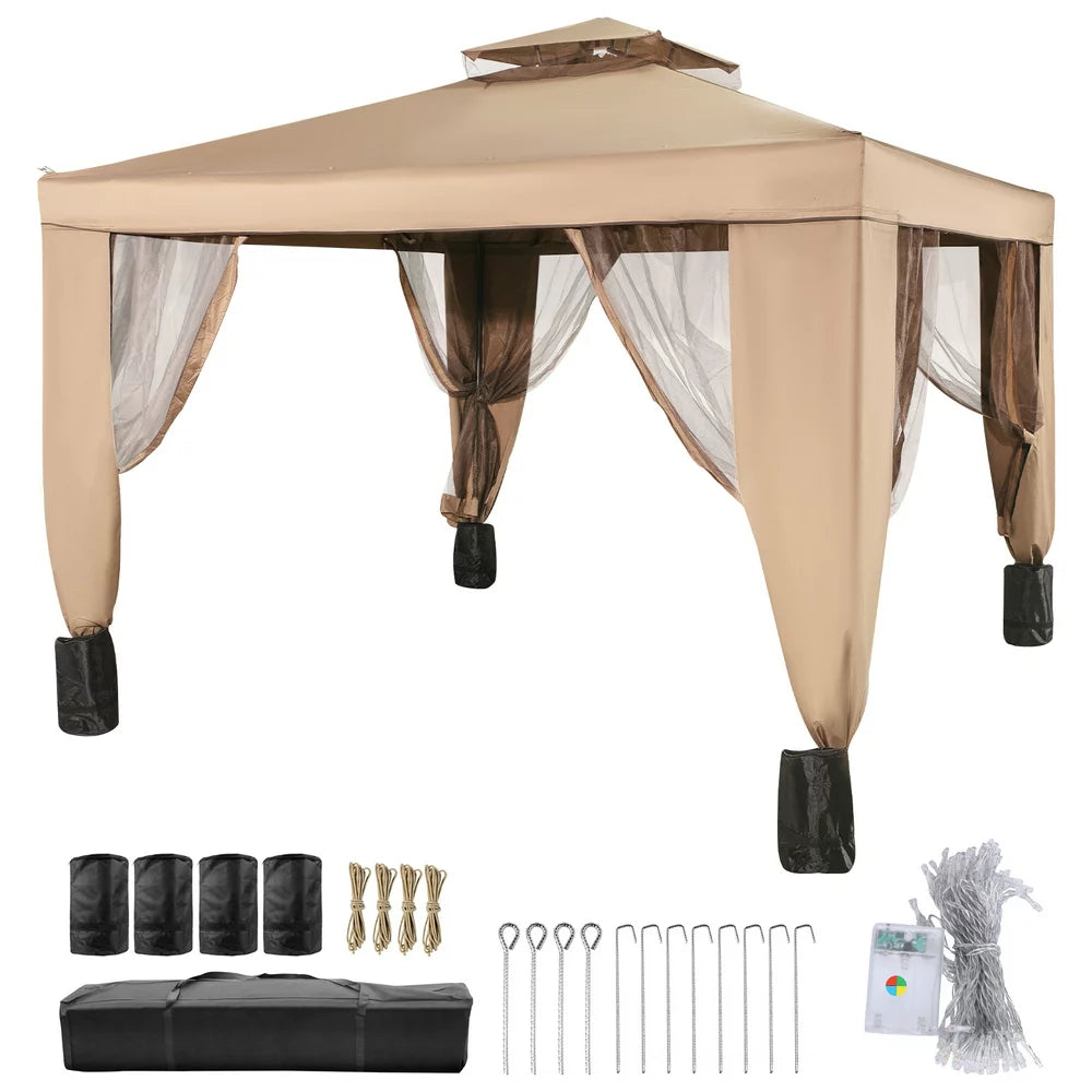 10X10Ft Outdoor Intubated Canopy Gazebo Starter Kit, Equipped with Four Sandbags, Ground Spikes, Netting, Ropes, Carrying Bag - Portable Brown Tent for Backyard, Patio and Lawn, Basic Version