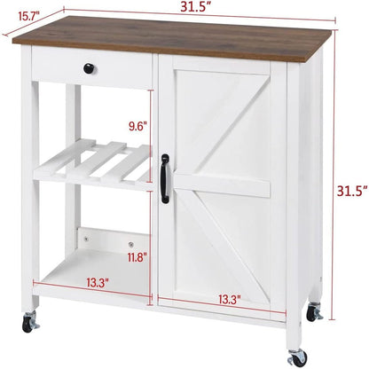 Farmhouse Kitchen Cart, Rolling Kitchen Cart with Storage, Microwave Stand Coffee Cart, White