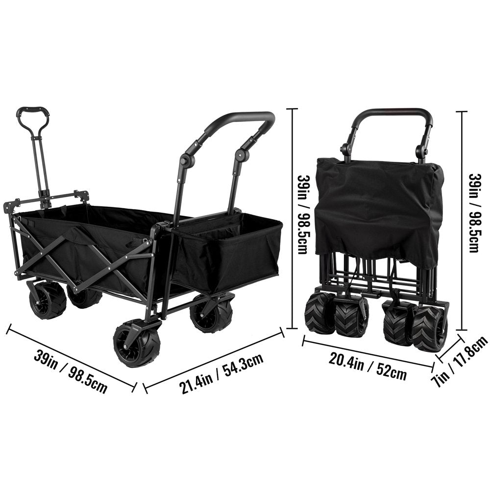 brand Collapsible Wagon Cart Black, Foldable Wagon Cart Removable Canopy 602D Oxford Cloth, Collapsible Wagon Oversized Wheels, Portable Folding Wagon Adjustable Handles, Beach, Garden, Sports